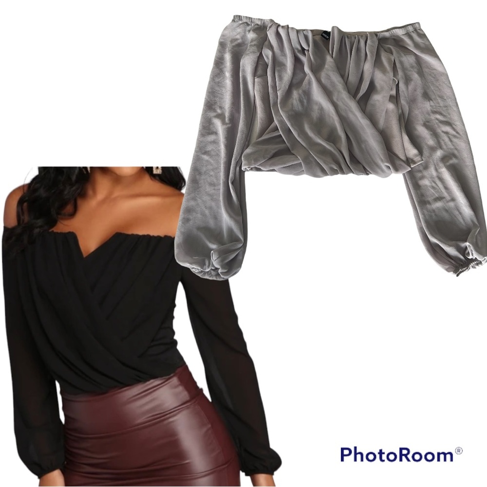 Windsor Sophisticated chiffon gray of the shoulder v cropped long sleeve top